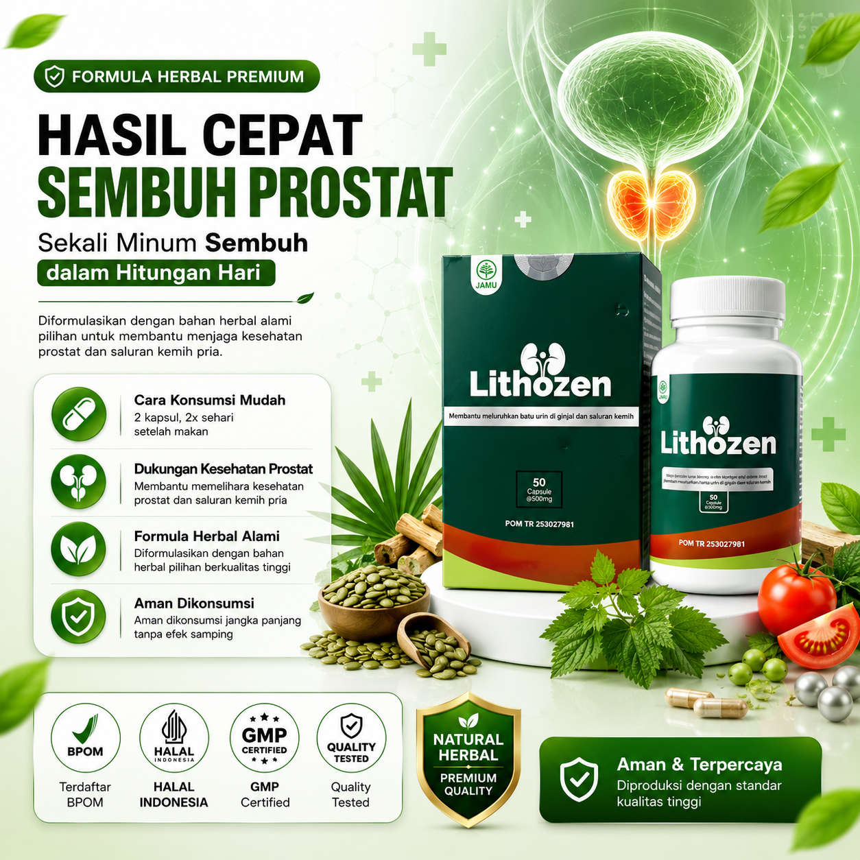 Kemasan Lithozen obat prostat herbal BPOM TR253027981
